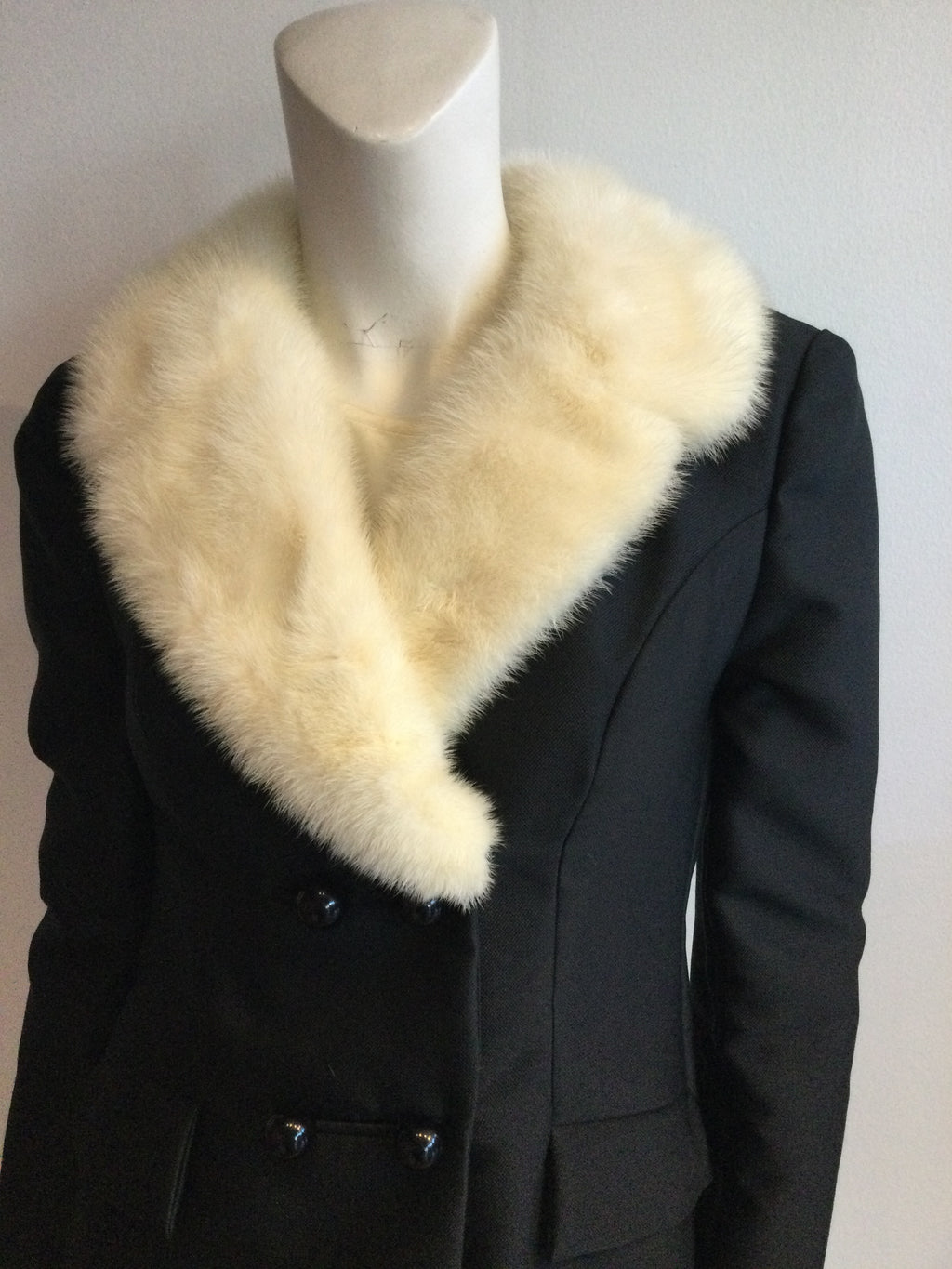 1960s Lillie Rubin Black silk Faille with  White Mink Collar  Evening Suit size 6/7