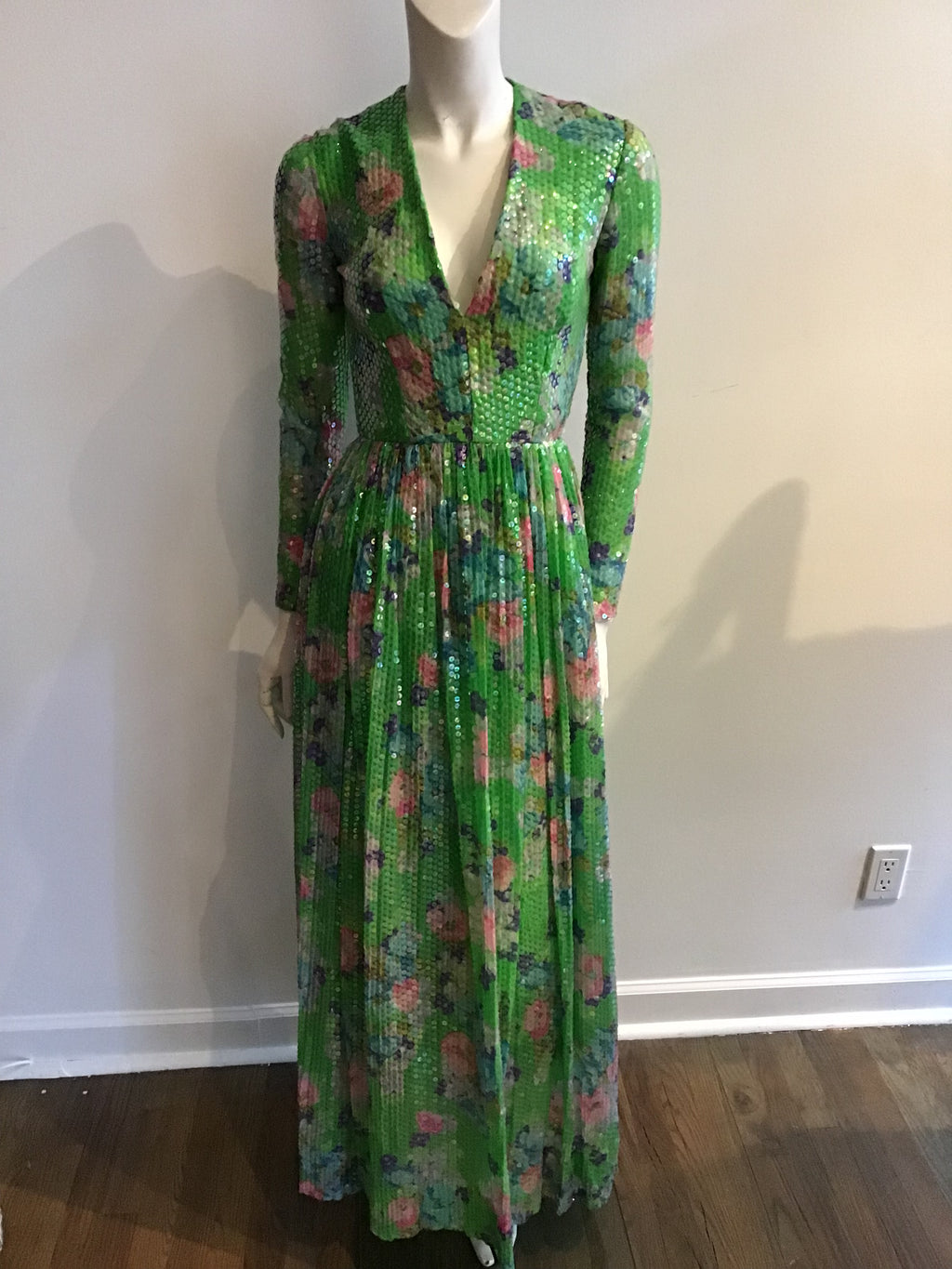 1960's Green Floral  Sequined Silk Chiffon Evening Gown-4/6