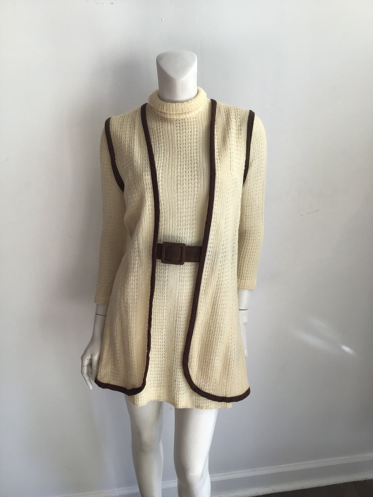 1960s Cream Knit Mini Dress with Vest and Belt-polyester knit size 6