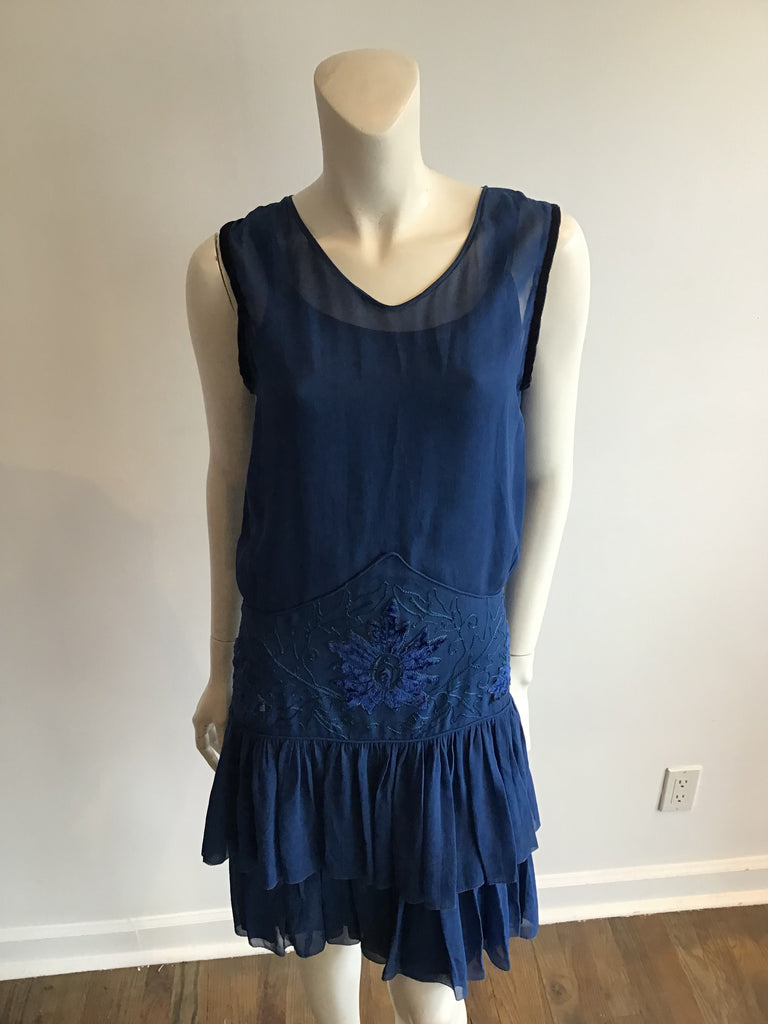 vintage 1920s blue silk chiffon flapper dress with embroidery at hips