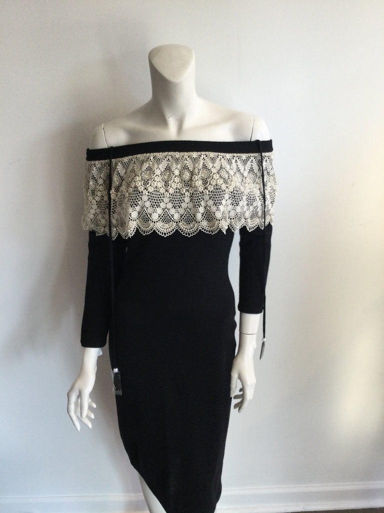 Diane Fres Black  Knit 1980s dress with crocheted lace collar with pearl detail. Can be worn on or off the shoulder