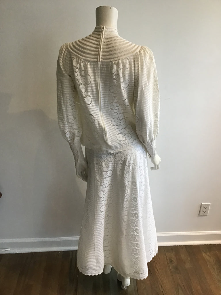 1980's White Cotton  2 Piece Ribbon and Lace Dress size 6