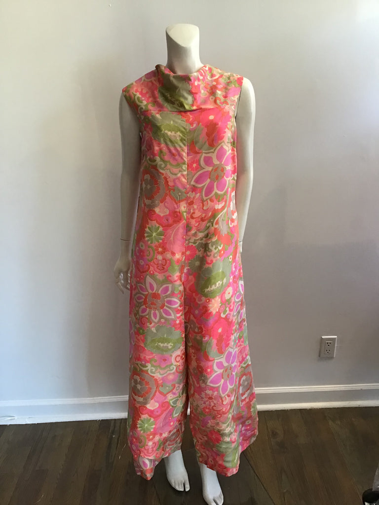 1960s Pink Silk Print Mod Jumpsuit