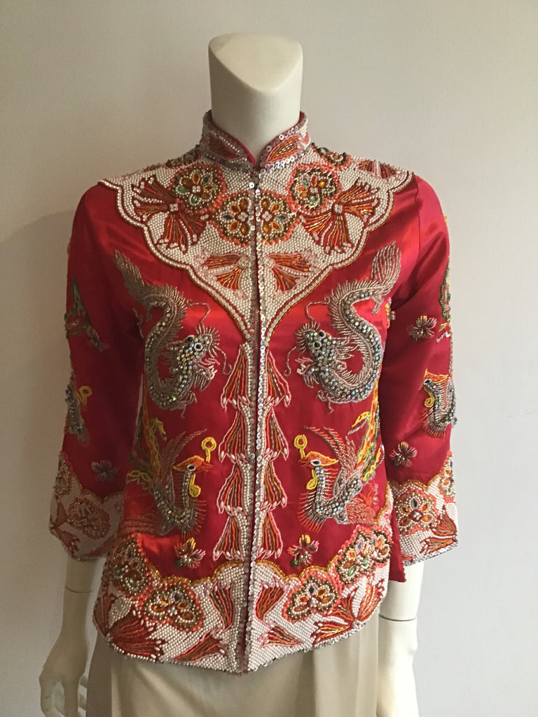 Vintage Dynasty 1960s Red Chinese hand beaded Jacket with dragon and phoenix birds. excellent condition