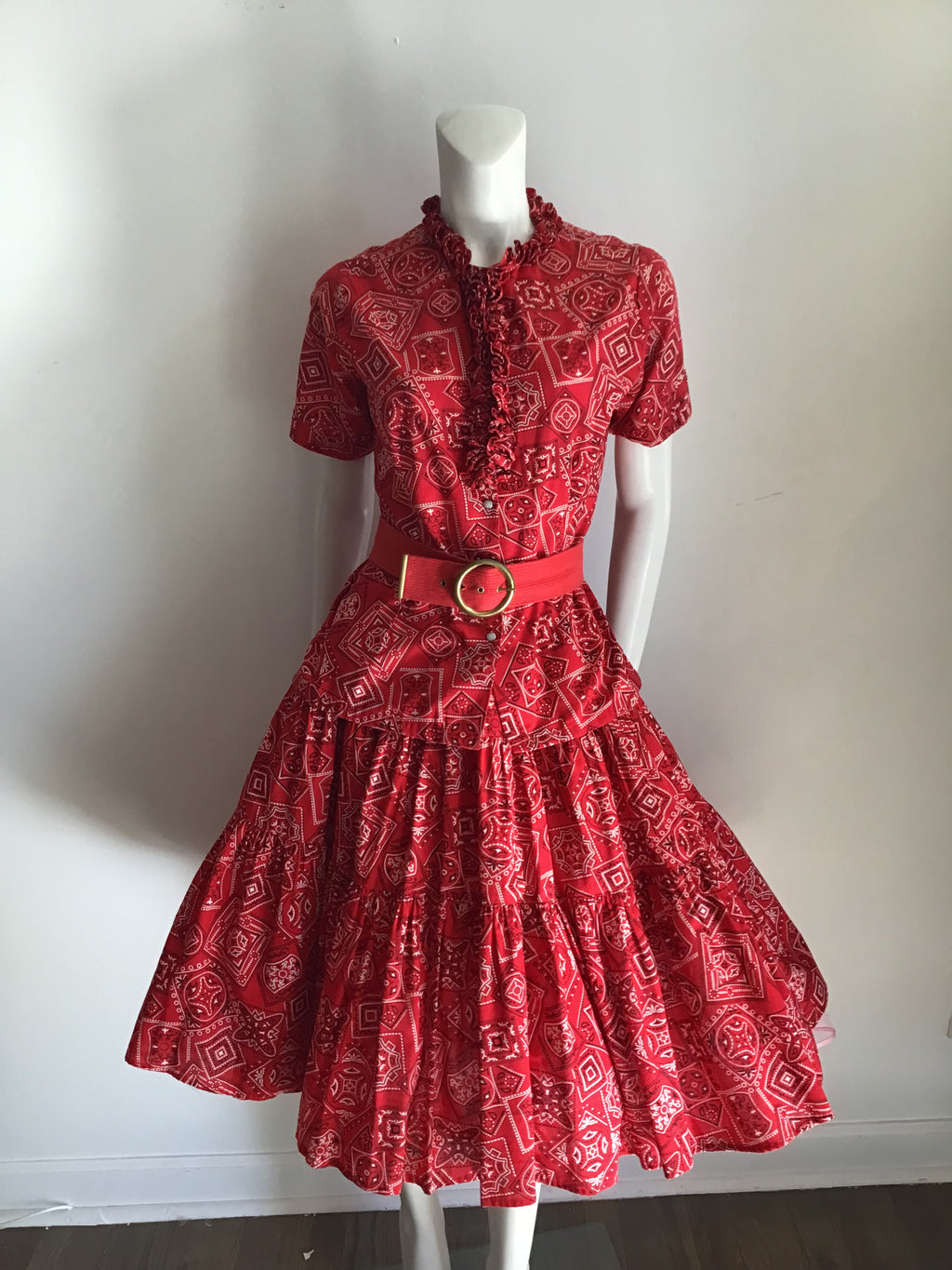 1950s Ranch Weat red cotton print two piece dress