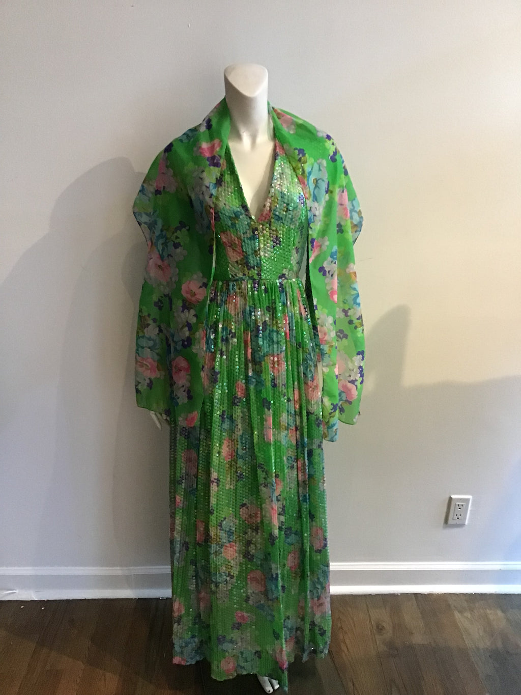 1960's Green Floral  Sequined Silk Chiffon Evening Gown-4/6