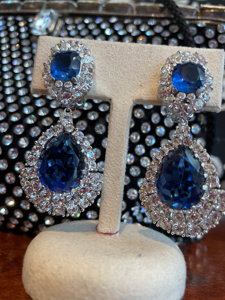 Ciner Blue Sapphire and Rhinestone Crystal  Drop Earrings