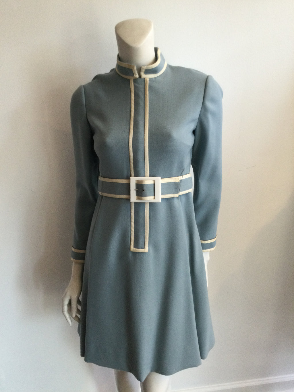 1960s Vintage Teal Traina Slate Blue Wool Mini Dress