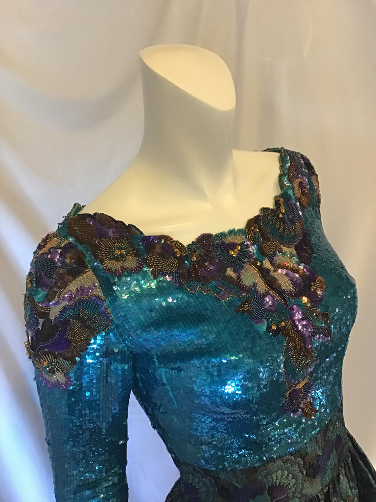 Mary Mcfadden Couture Silk brocade teal and purple and gold sequinned and beaded gown