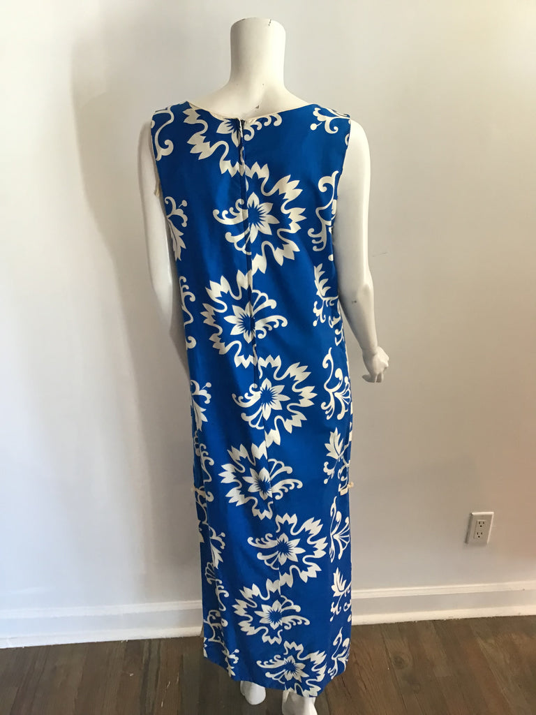 1960s Island Casuals Blue and White Hawaiian Dress