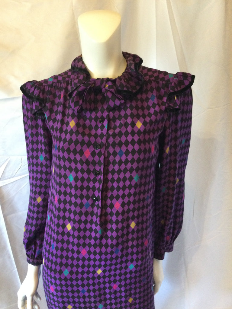 Oscar De La Renta 1980s Purple Checkered  80s Dress