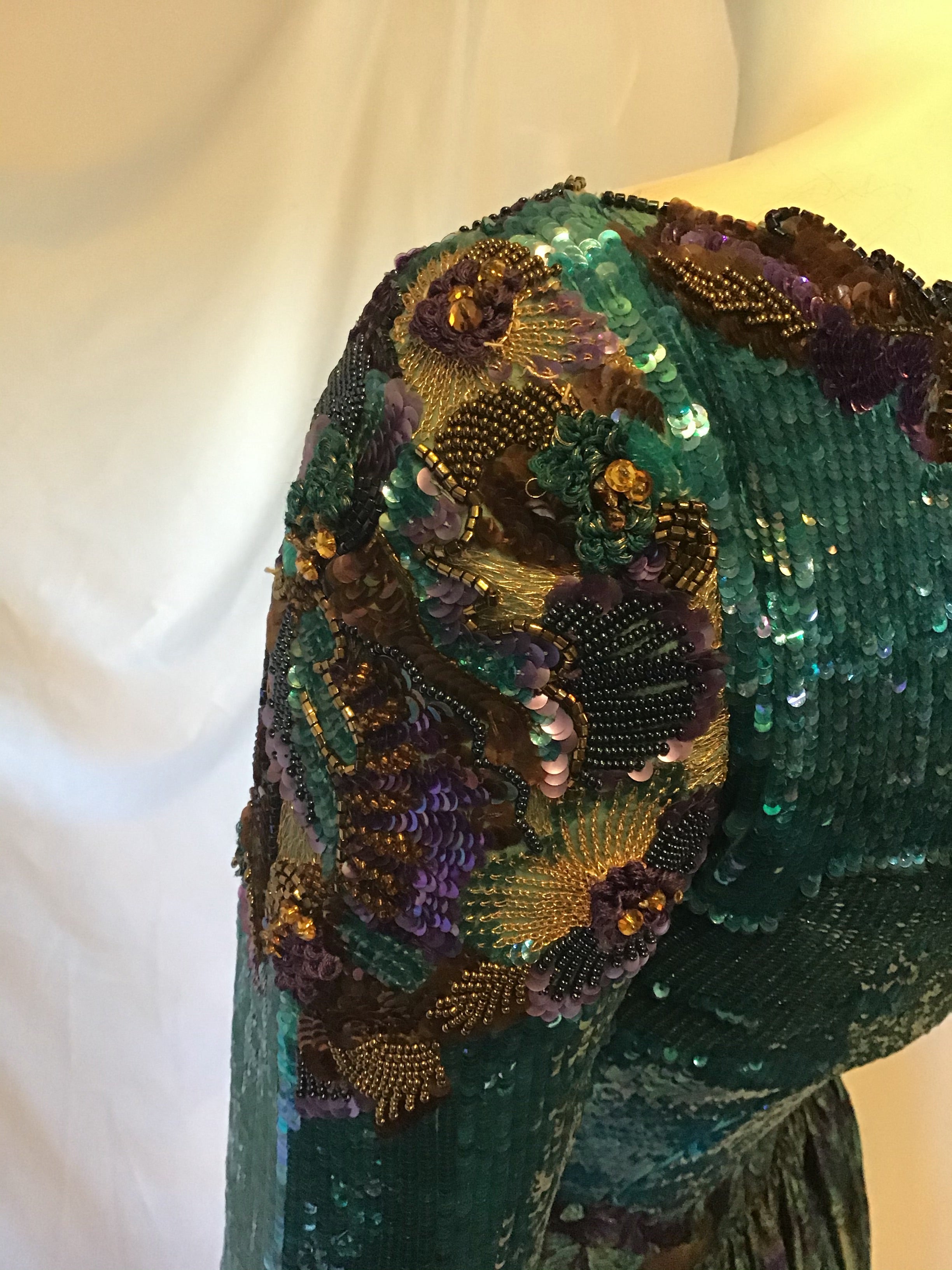 1980s Mary McFadden Teal & Purple Sequinned /beaded Brocade Couture Gown-size 2