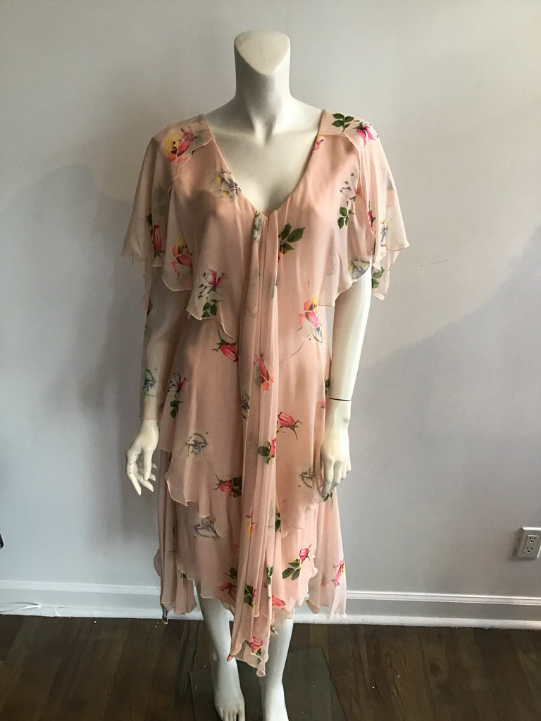 1980's Holly Harp Silk Chiffon Pink Floral Tiered Dress Size 8/9