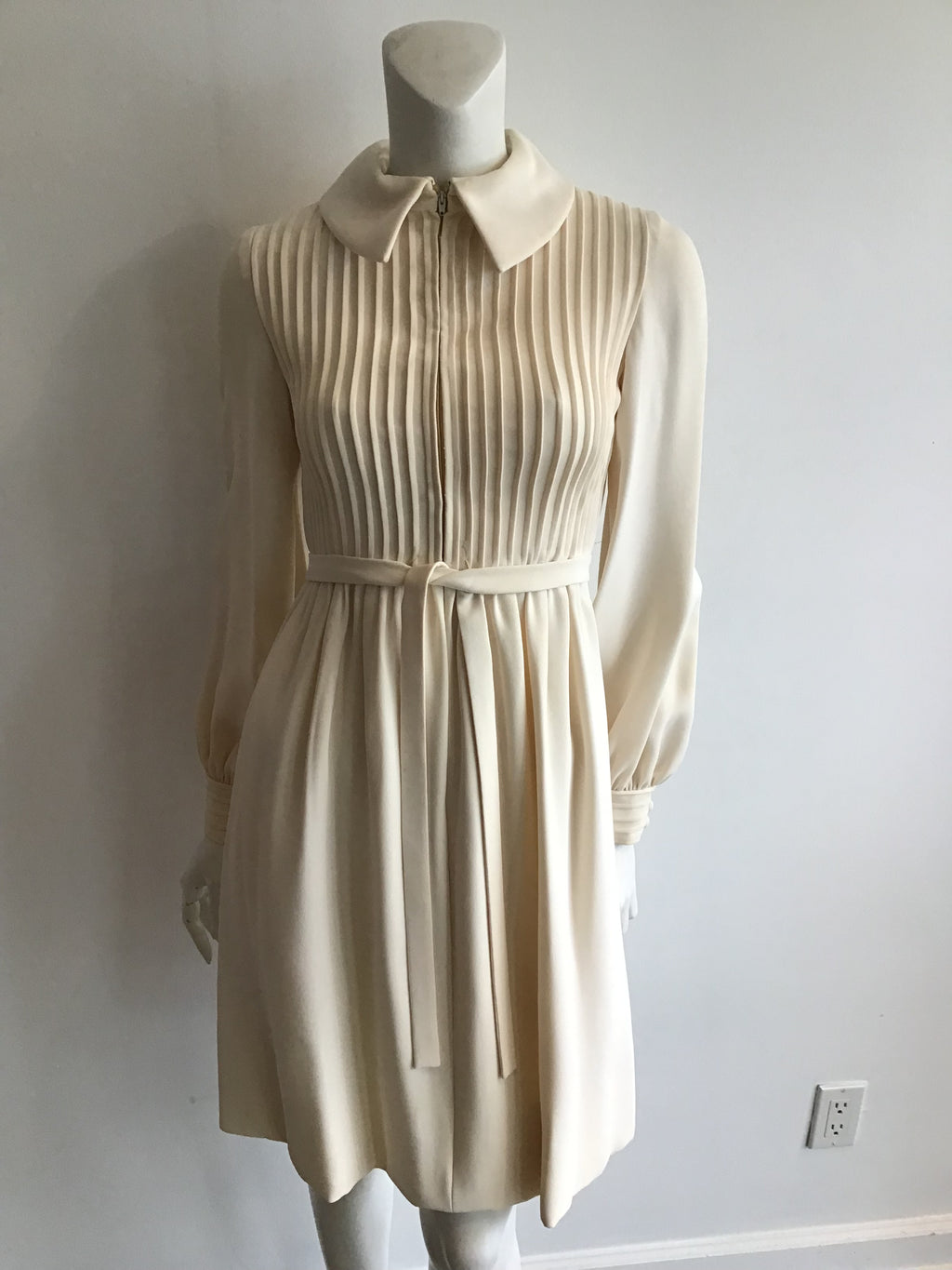 1960s Cream Pleated Front Wool blend Day Dress-size 6