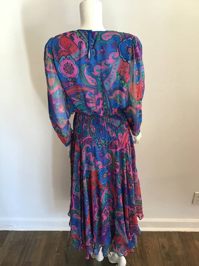 1980s Diane Freis Blue and Pink Chiffon Maxi Dress
