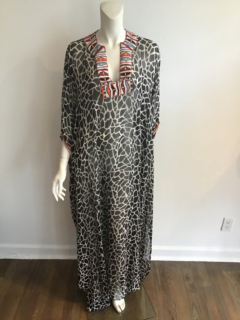 1980s Jeannie McQueeny Silk Chiffon Animal Print Kaftan