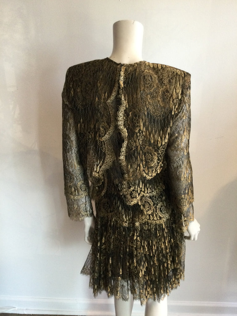 Gold Metallic  tiered lace cocktail dress  1980s 