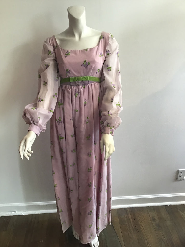 1970s Lavender Crepe with Embroidered Flowers Maxi Dress size 0-2