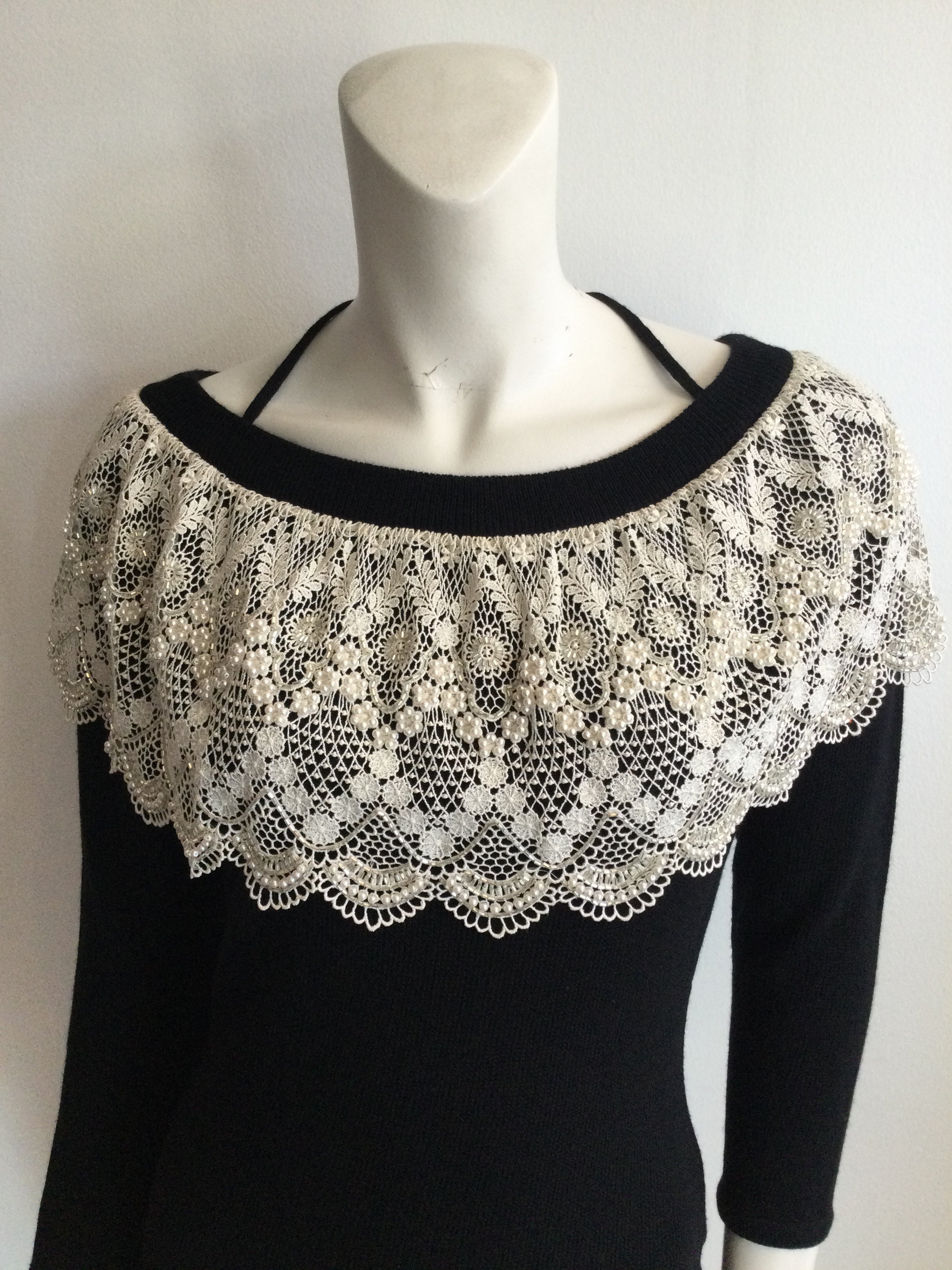 1980's Diane Freis Black Knit Cocktail Dress with white crocheted lace beaded collar-size medium 8/9