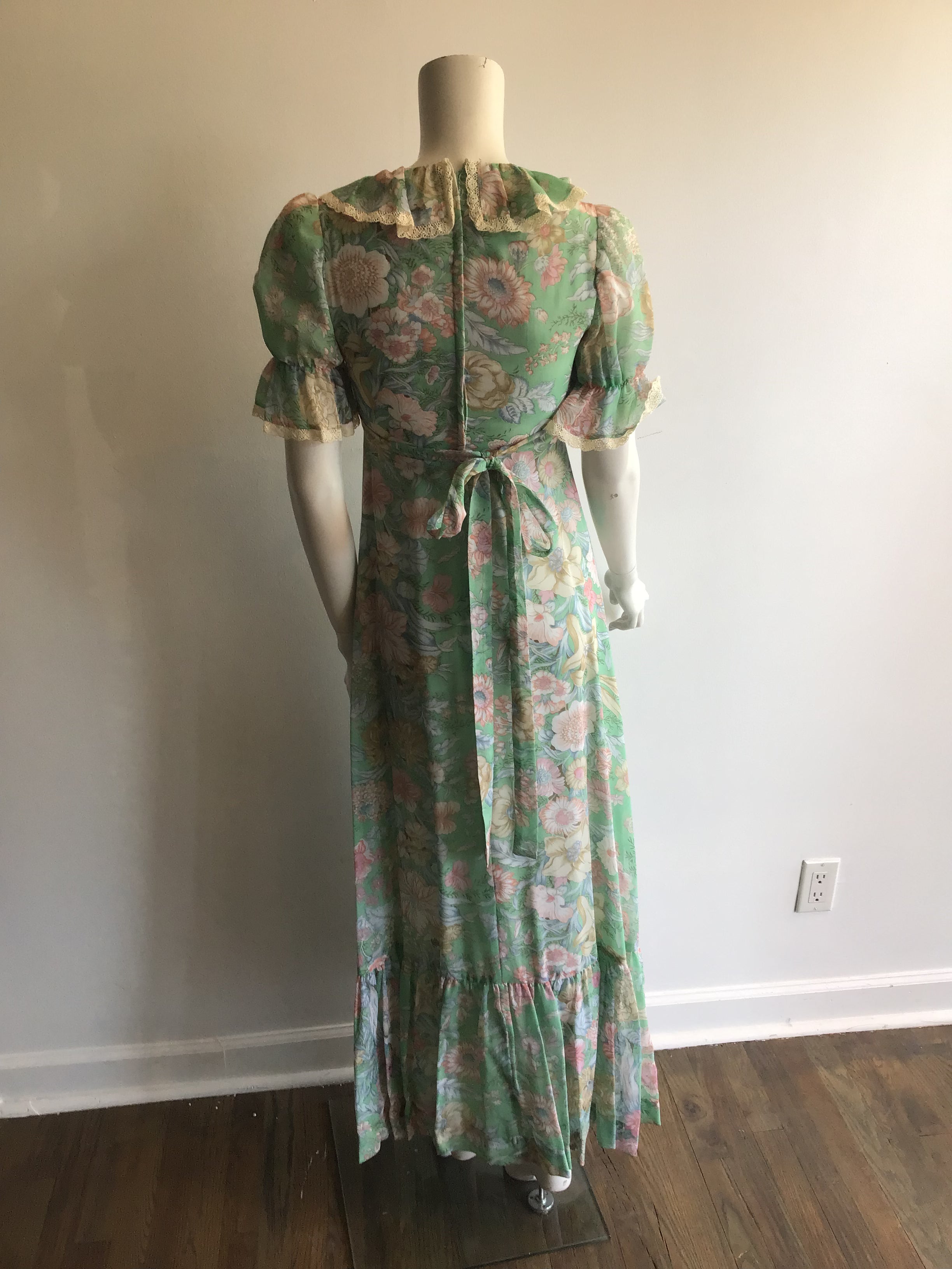 1970's Mint Green Floral Polyester  Prairie Dress size 2-4