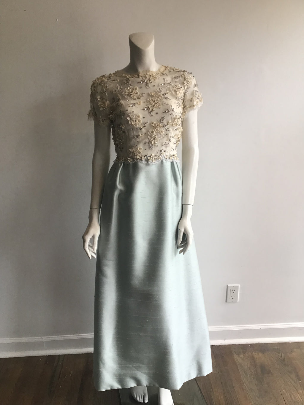 1960s Mat Kaplan Cream Lace and Light Blue Silk Shantung Beaded Evening Gown-size 6