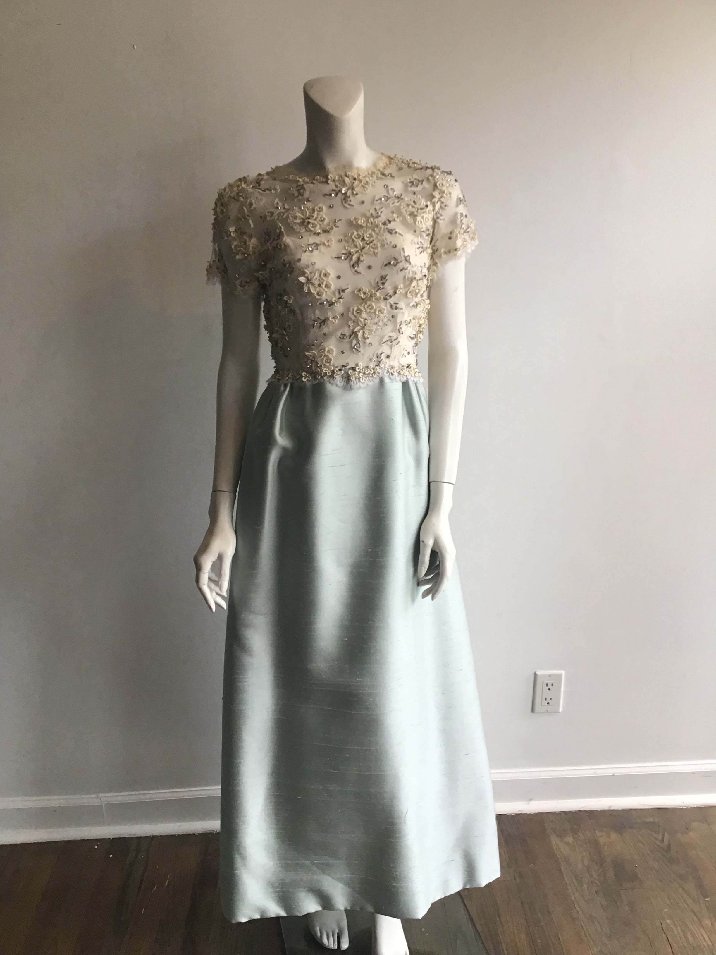 1960s Mat Kaplan Cream Lace and Light Blue Silk Shantung Beaded Evening Gown-size 6