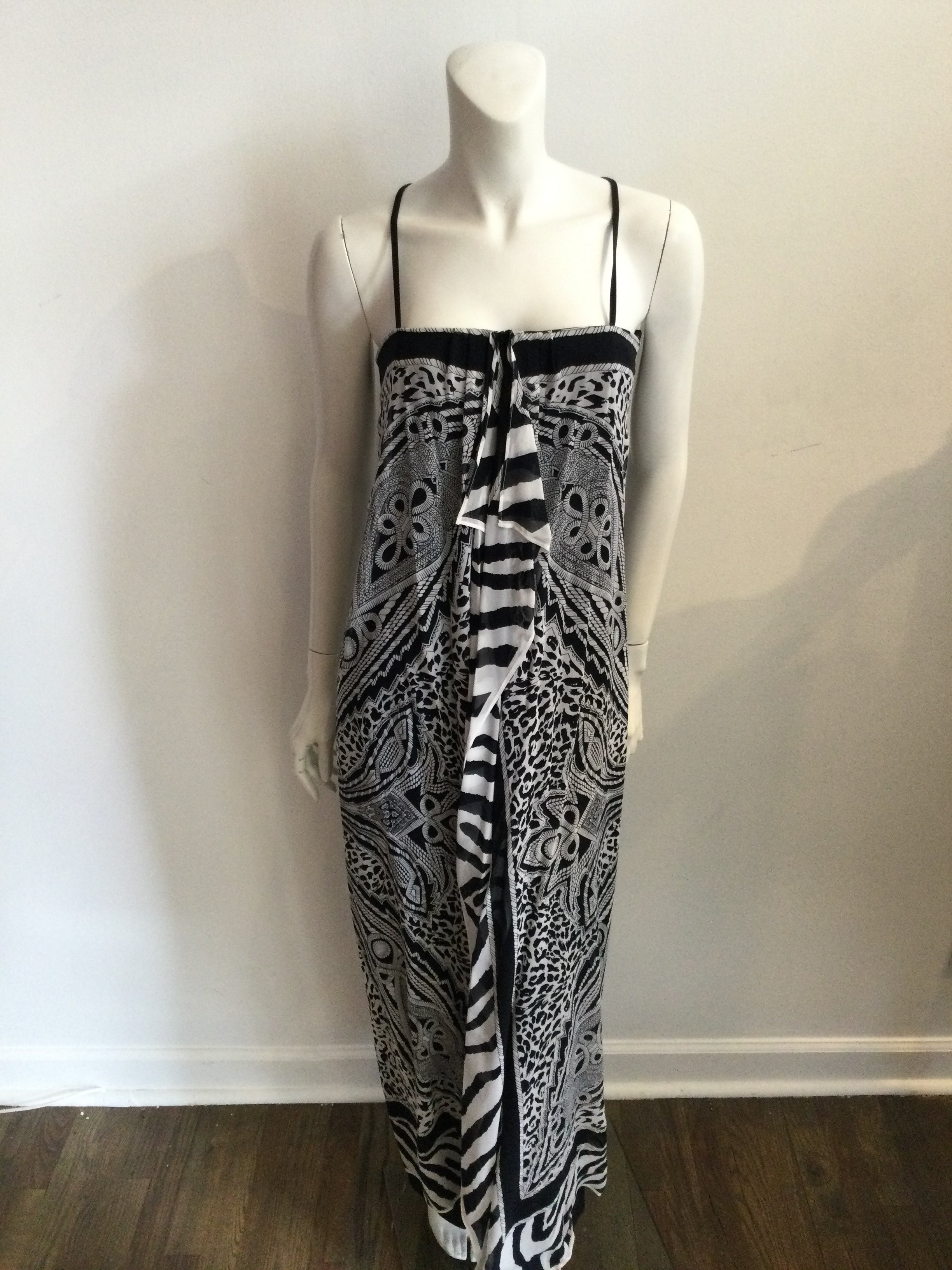 1980's Louis Féraud Black and White Silk Chiffon Paisley print long dress with Shawl-size 8