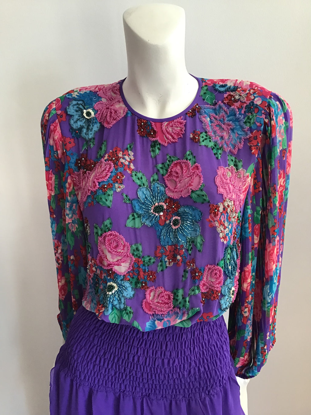 1980's Diane Freis Purple Polyester Chiffon Tiered  /Floral  Dress Size 8