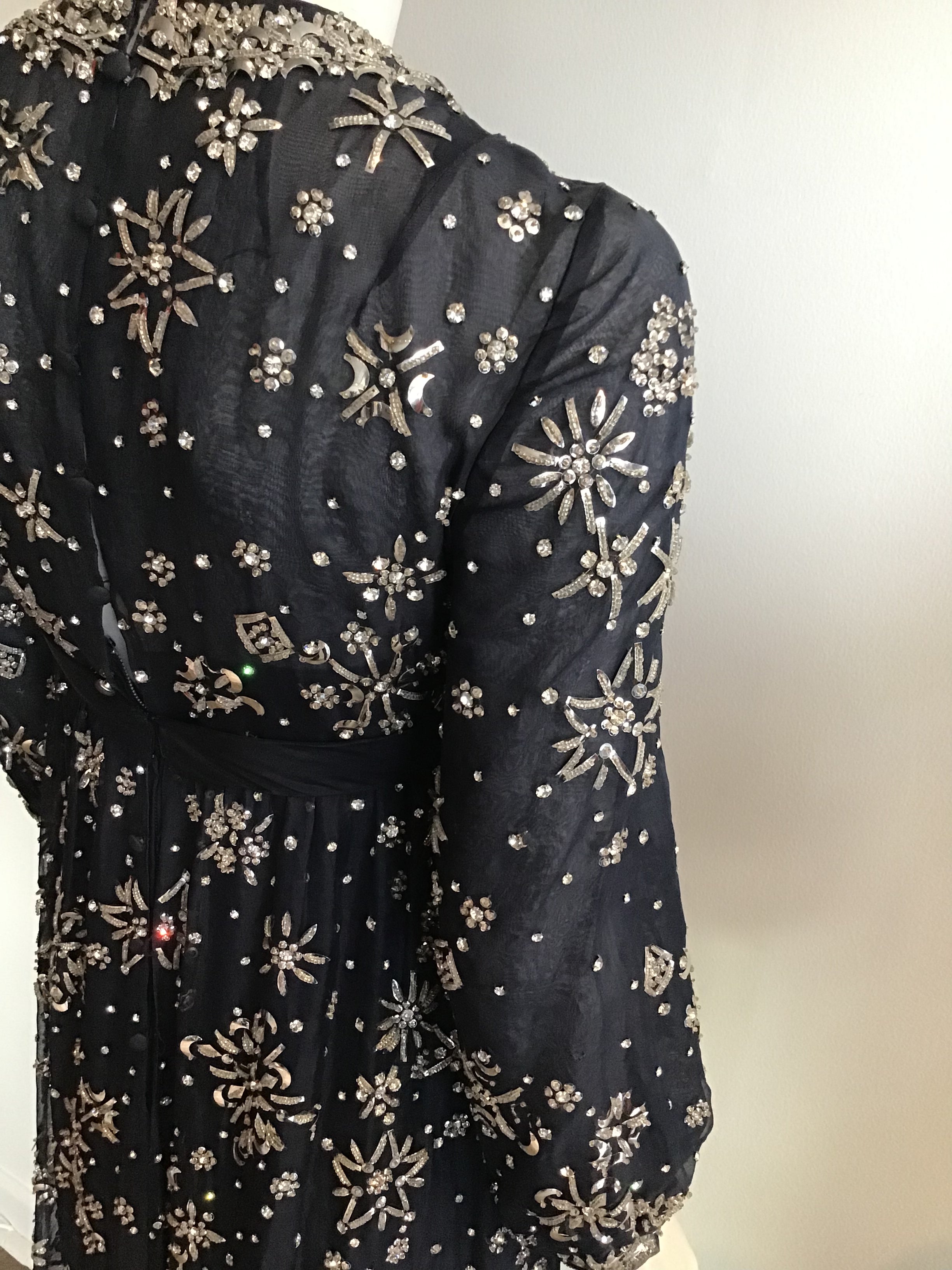 1960s  Blue Organza beaded Evening Gown-2/4