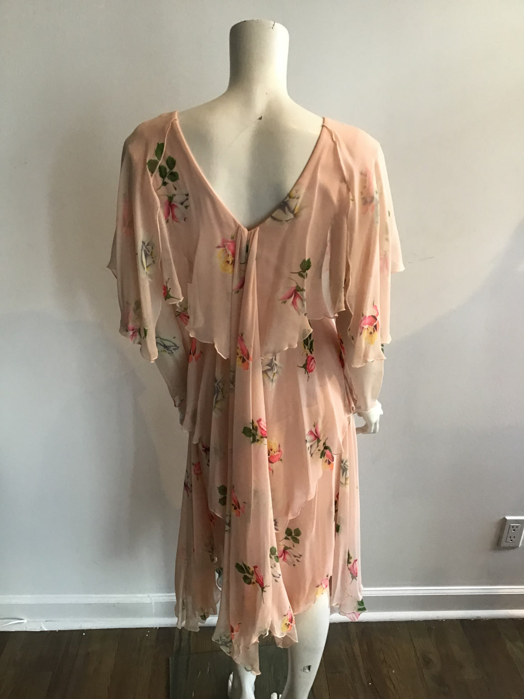 1980's Holly Harp Silk Chiffon Pink Floral Tiered Dress Size 8/9