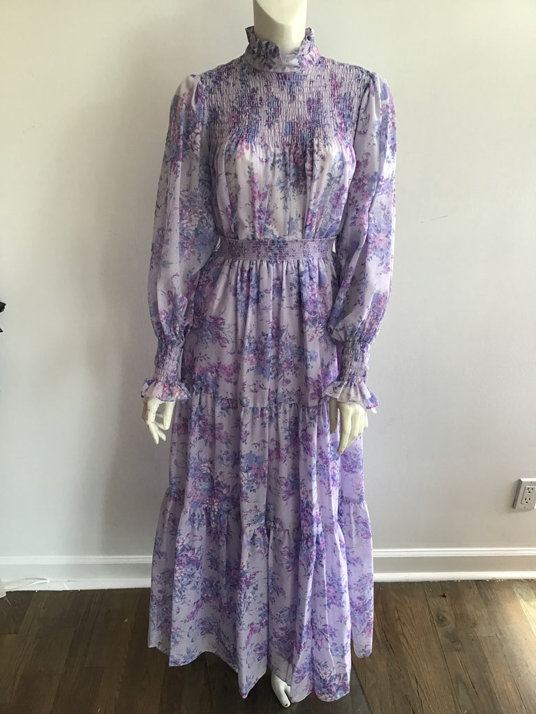 1970's Lavender Floral Polyester Chiffon Maxi Dress size 4-8