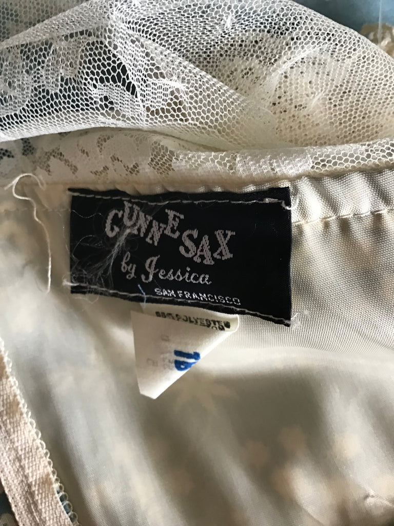 Late 1960s Gunne Sax by Jessica Wedgewwod Blue with White Roses with Angel Wings Sleeves