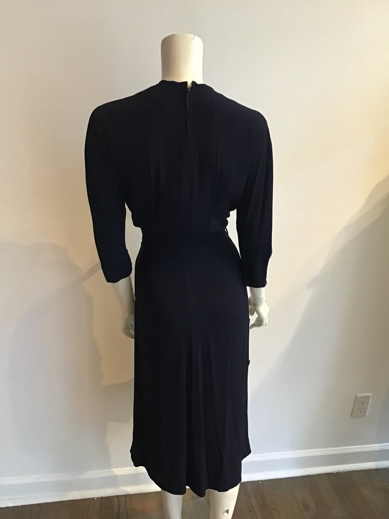 1940s Dark Blue Silk Crepe Cocktail dress  with Sequin/Beads  size 8