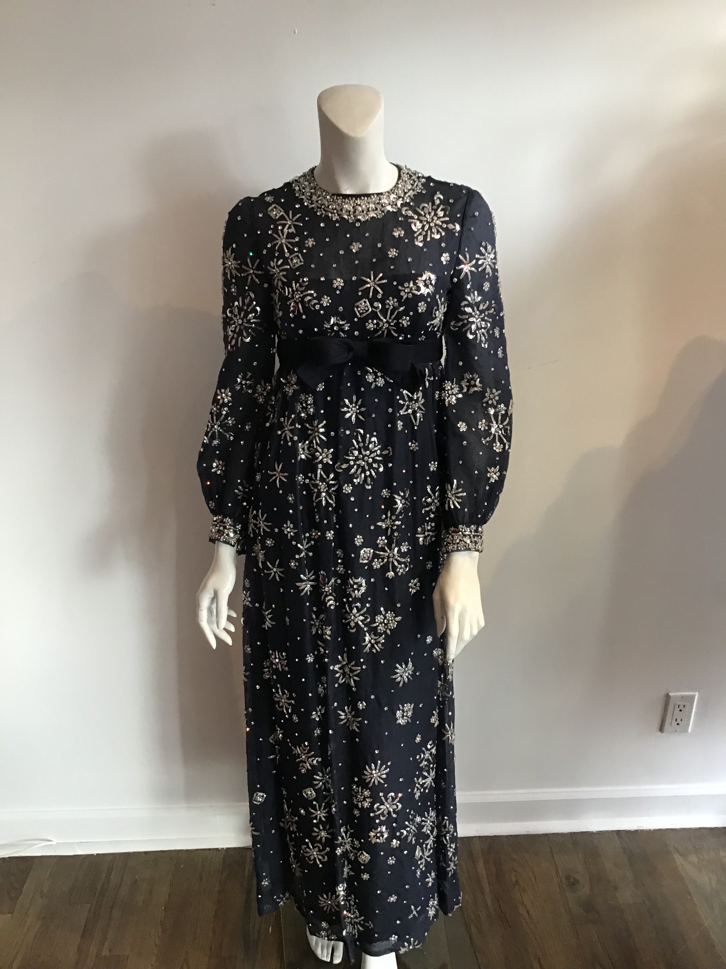 1960s  Blue Organza beaded Evening Gown-2/4