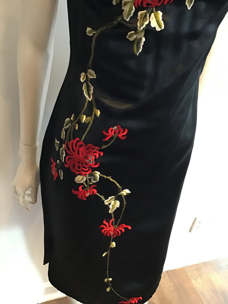 1950’s Cheongsam/Qipao Black Silk Satin Dress with Red Chrysanthemum embroidery-size 8