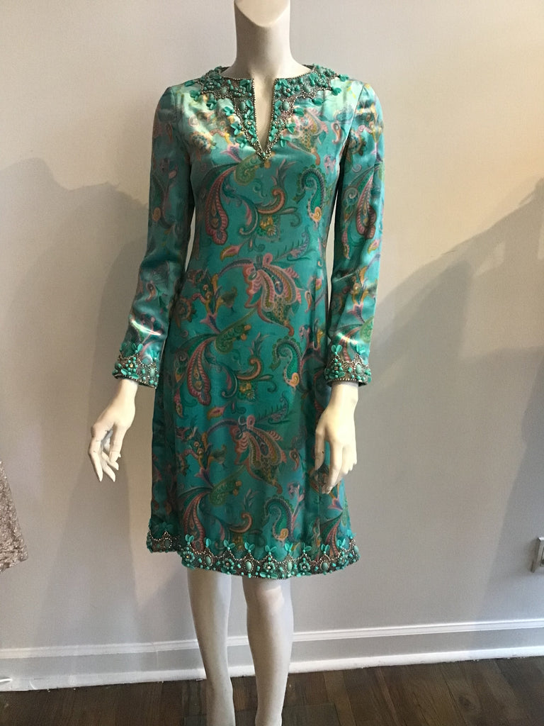 Vintage 1960s teal printed paisely velvet with beaded cuffs collar and hem 