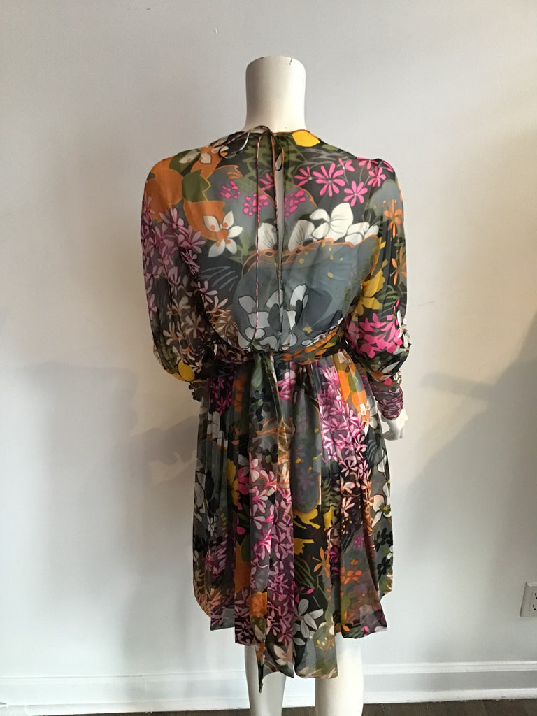 1980s Silk Chiffon Floral Dress