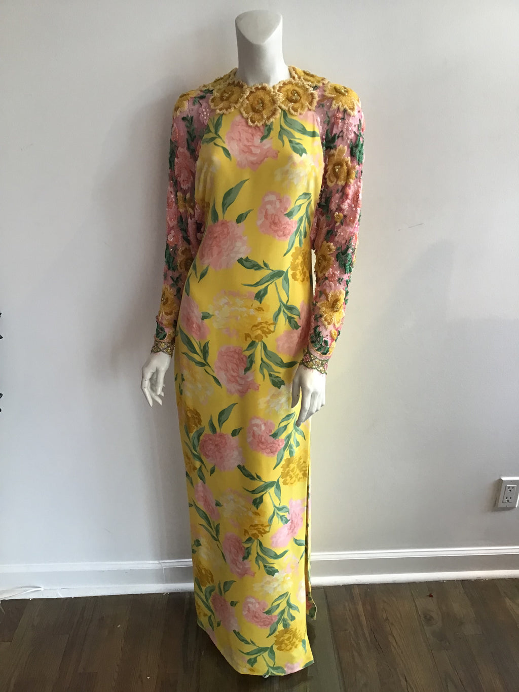 1980s Galanos Yellow Printed Evening Gown