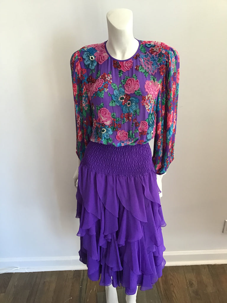 Vintage 1980s Diane Freis Purple Polyester tiered skirt with floral bodice drss