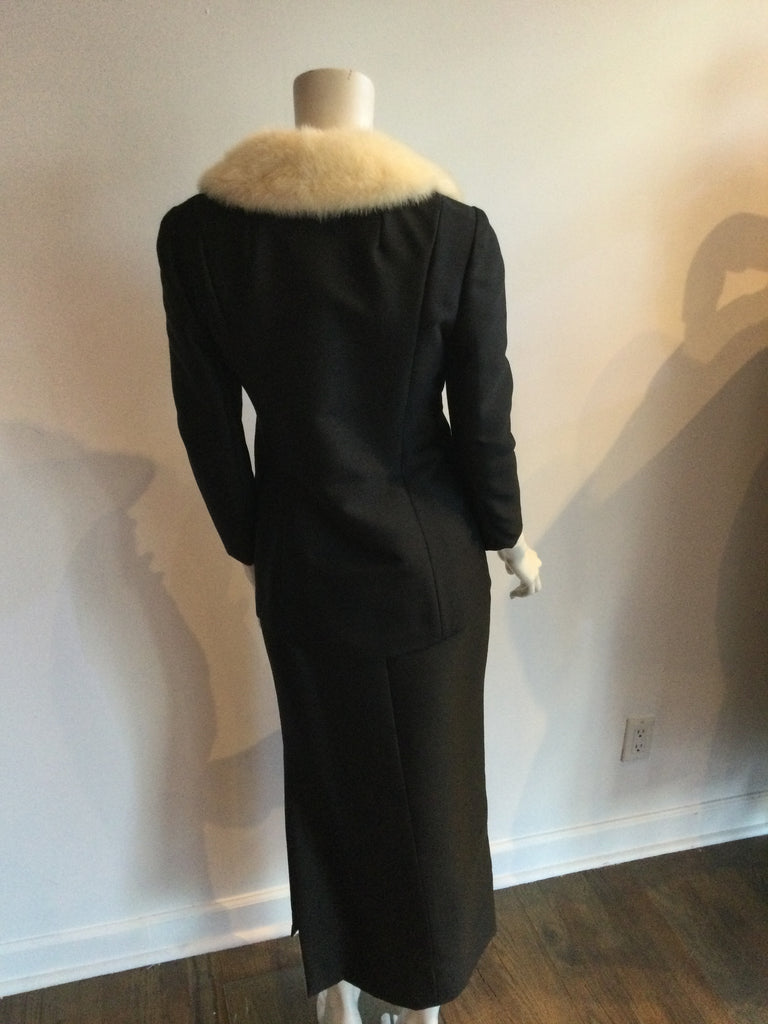 1960s Lillie Rubin Black silk Faille with  White Mink Collar  Evening Suit size 6/7