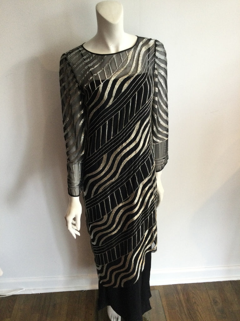 1970's Tracy Mills Asymmetrical Silver Beaded Evening Gown