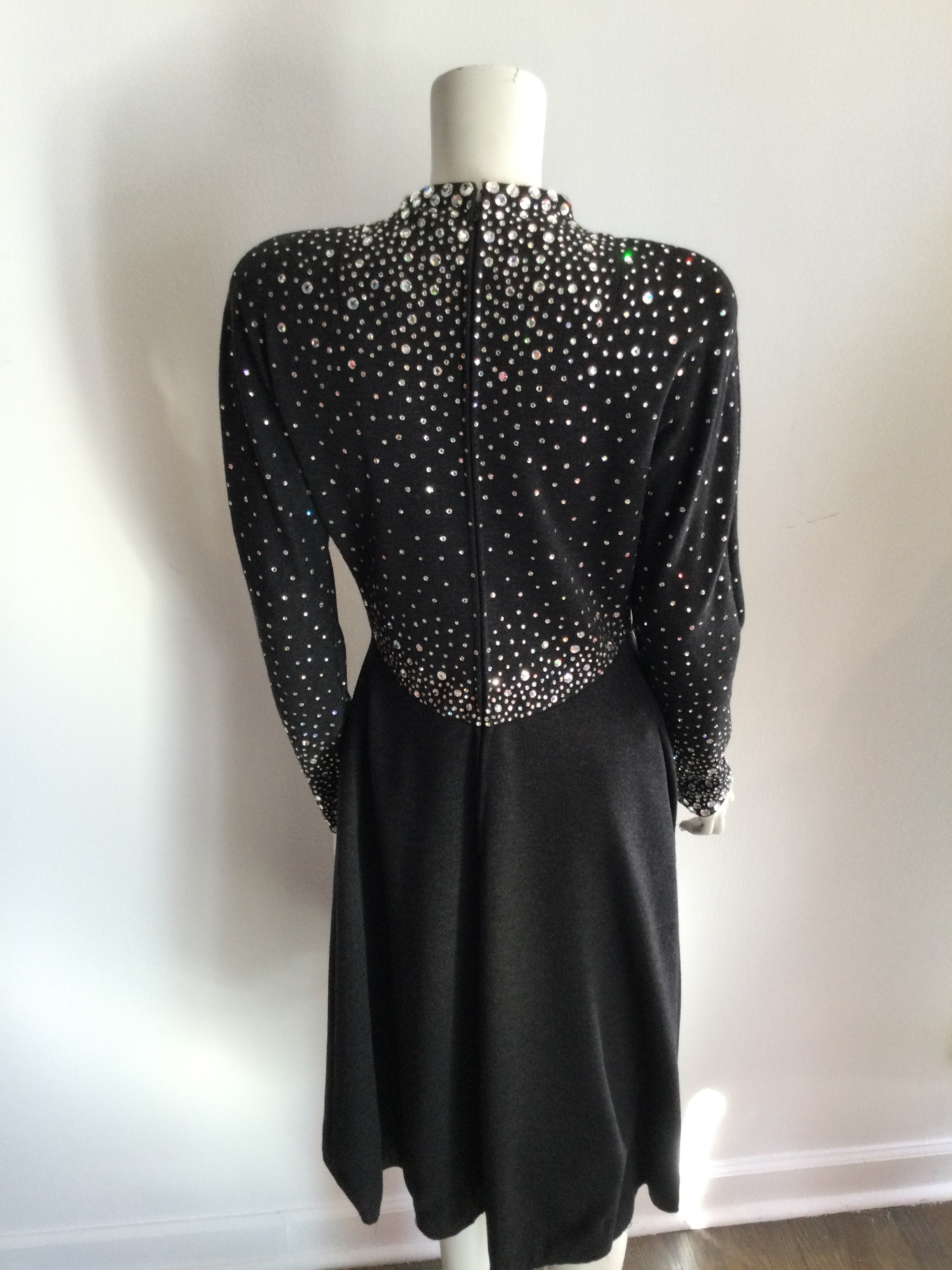 1980s Paul Trigere Rhinestone studded Cashmere/wool blend cocktail dress