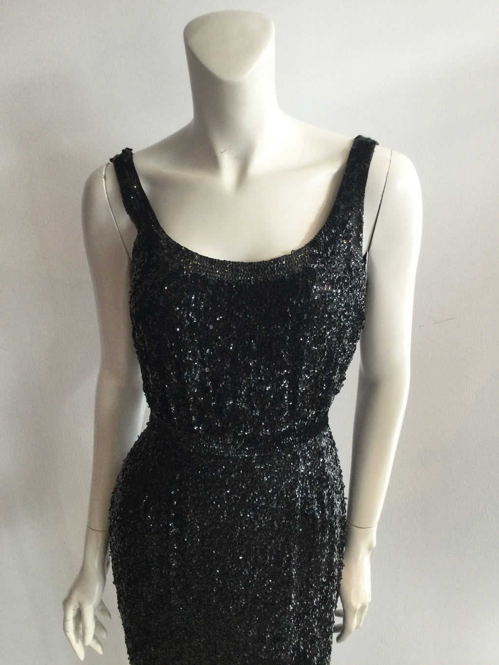 1960s Black Entirely Sequinned Evening Gown-size 4/5