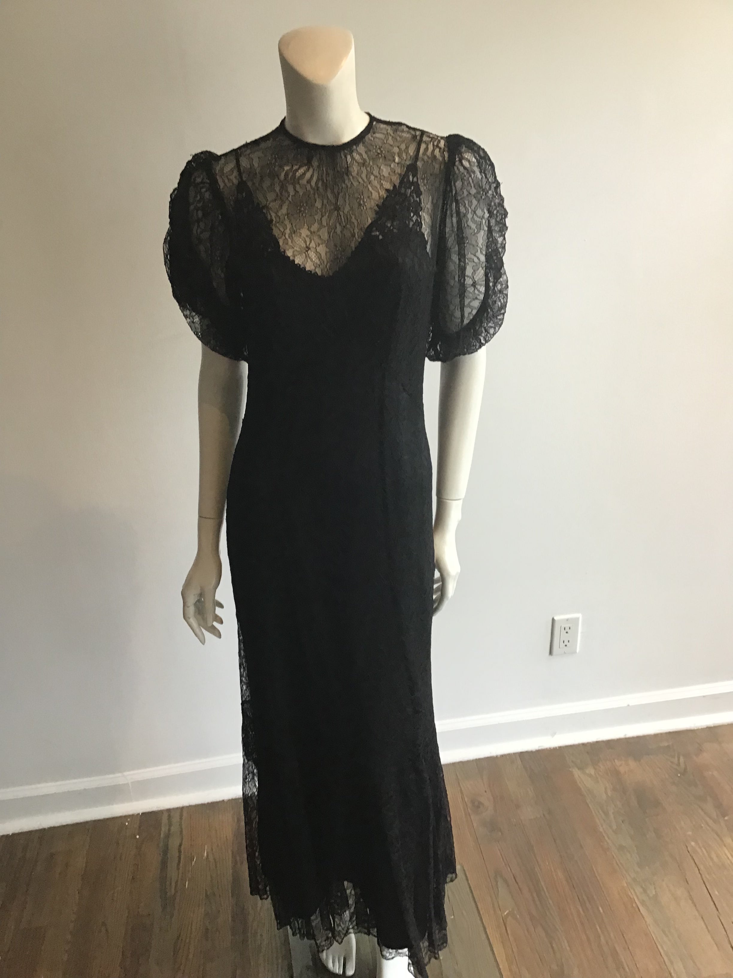 1930s Black Lace Evening Gown size 6