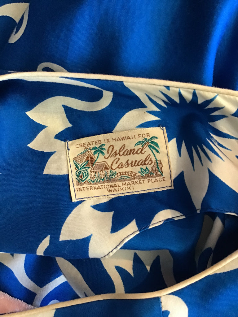 1960s Island Casuals Blue and White Hawaiian Dress