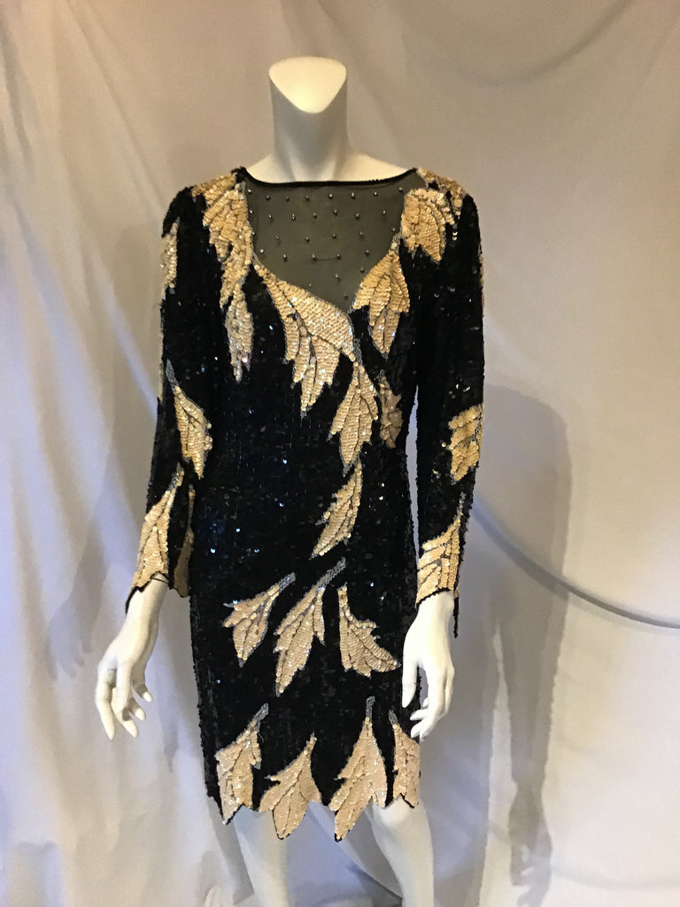 1980s Cream and Black sequinned leaf motif Short coktail dress with illusion rhinestone studded neckline