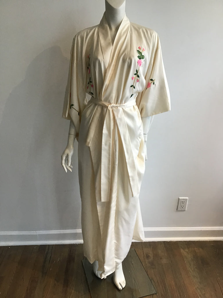 2000 Cream Silk Kimono Style Robe with Pink Embroidered Flowers