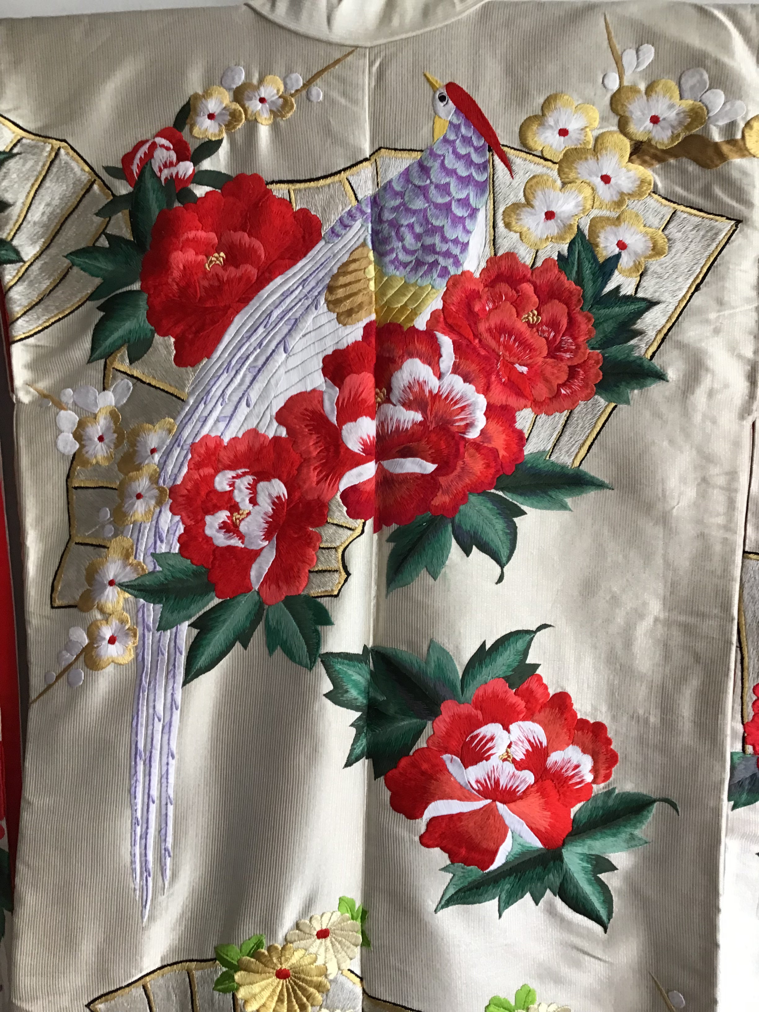 1960s Red Peonies,Birds Handembroidered Silk Kimono