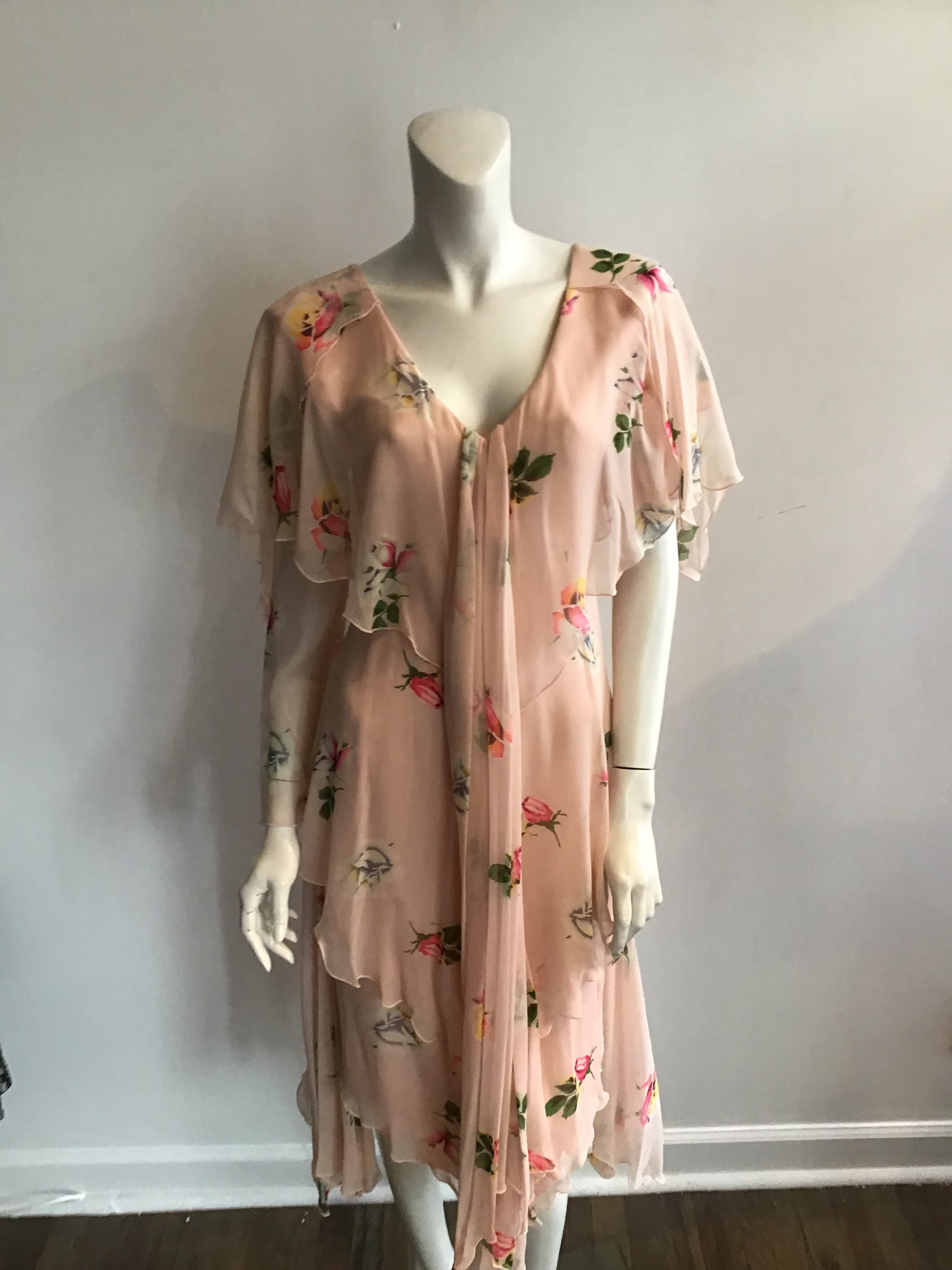 1980's Holly Harp Silk Chiffon Pink Floral Tiered Dress Size 8/9