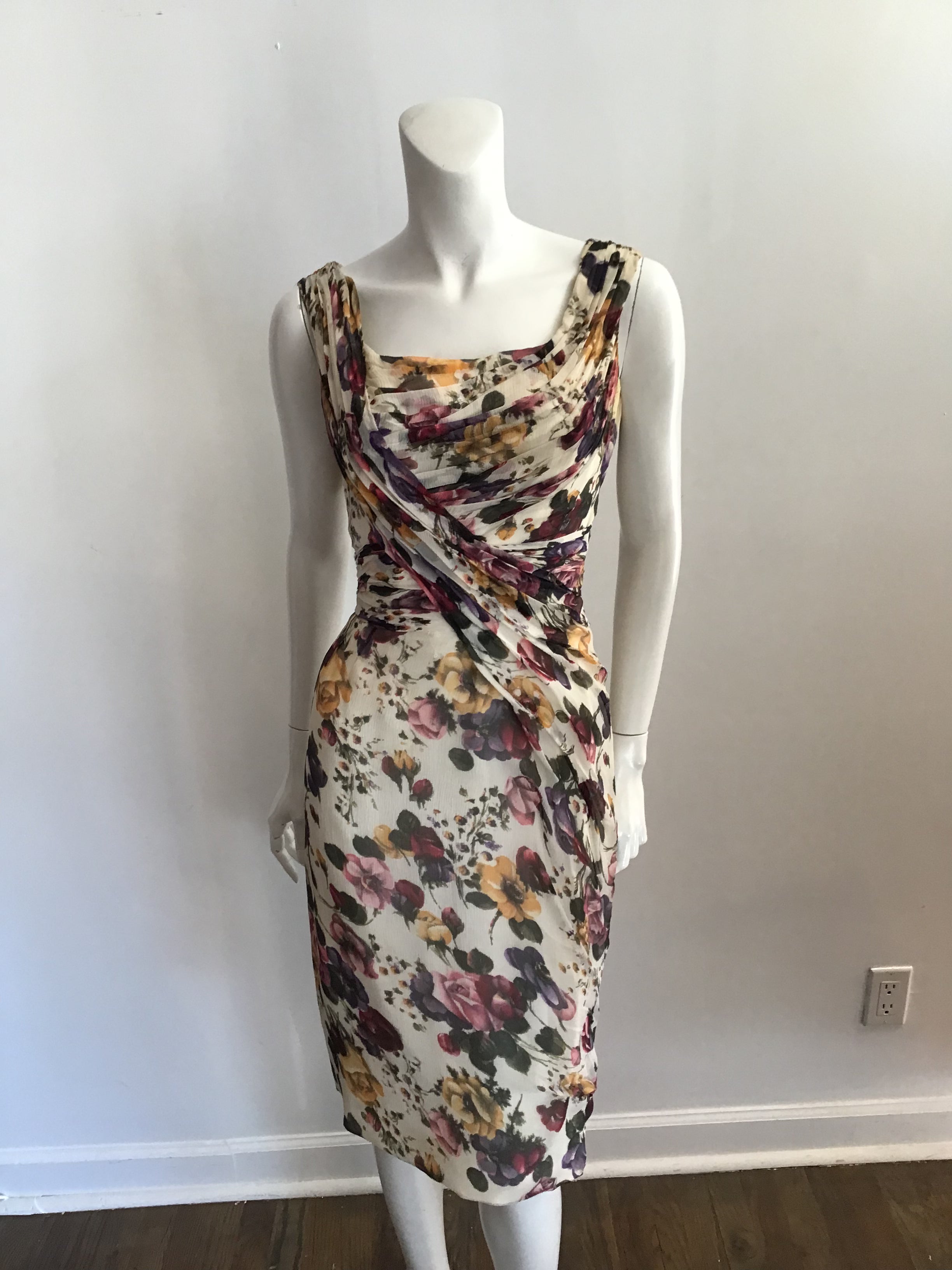 1950s Ceil Chapman Cream Floral Silk Chiffon Cocktail Dress-size 6